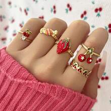 5pcs Handmade Enamel Drip Oil Cute Sweet Strawberry Candy Multicolor Rings Set, Delicate Luxurious Rings For Women - Gold - View 6