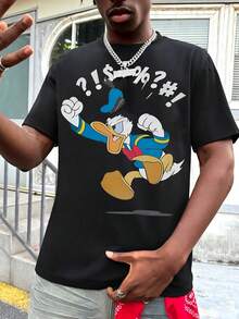 Unisex Short Sleeve T-Shirt, Disney Donald Duck Fun Question Mark Print Casual T-Shirt, Summer Travel Short Sleeve - Black - View 1