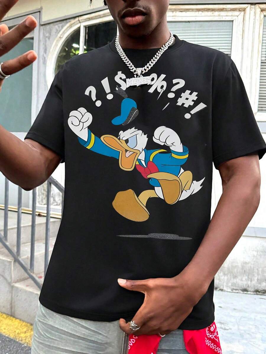 Unisex Short Sleeve T-Shirt, Disney Donald Duck Fun Question Mark Print Casual T-Shirt, Summer Travel Short Sleeve - Black - View 1