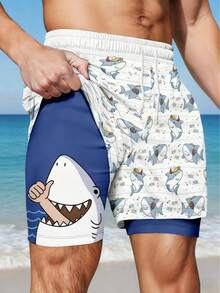 Plus Size Men's Funny Shark Print Breathable Double-Layer Shorts - Multicolor - View 1