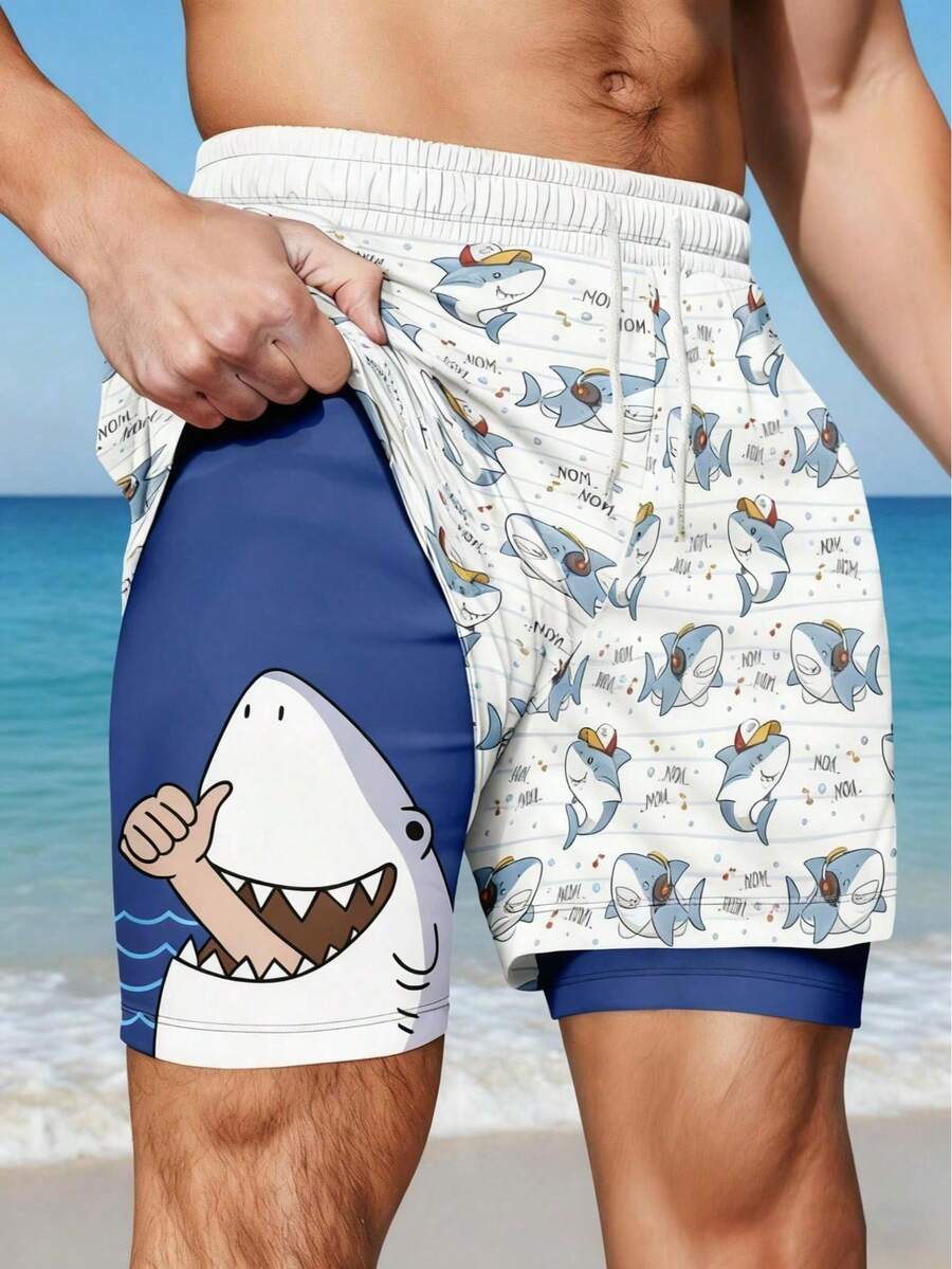 Plus Size Men's Funny Shark Print Breathable Double-Layer Shorts - Multicolor - View 1