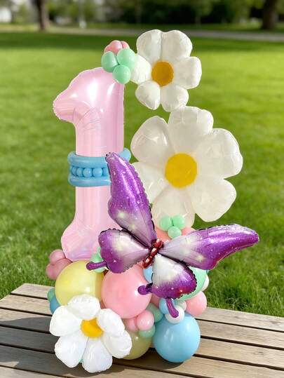 47件套40英寸粉色数字气球套装，包含0-9大号数字铝箔气球、蝴蝶造型气球、雏菊气球、马卡龙粉色、黄色、蓝色、绿色乳胶气球，适用于生日派对、蝴蝶主题派对、婴儿派对装饰。