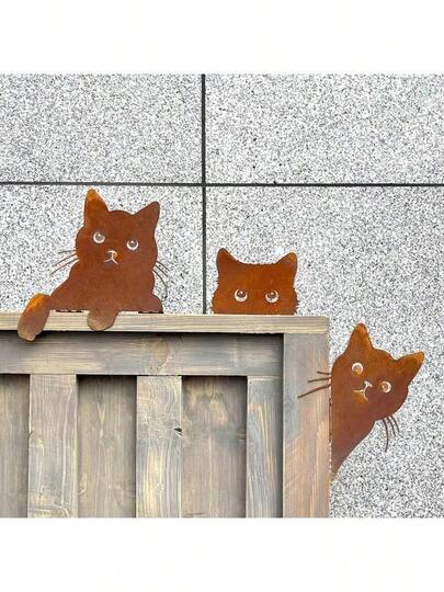 3pcs Rusty Cat Metal Garden Sculptures - Charming Outdoor Animal Figurines, Lawn Ornament Decor, Perfect For Fence Art & Holiday Gifts, Cat Lover Gift