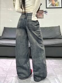 1pc Women's Loose Fit Embroidered Wide Leg Jeans, Comfortable Casual High Street Versatile Denim Pants (Belt/Accessories Not Included) - Bronze - View 11