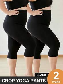 2 pièces/set Pantalon de yoga grande taille haute élasticité 7/8, séchage rapide et respirant, leggings de fitness confortables et non compressants - Noir - Voir 7