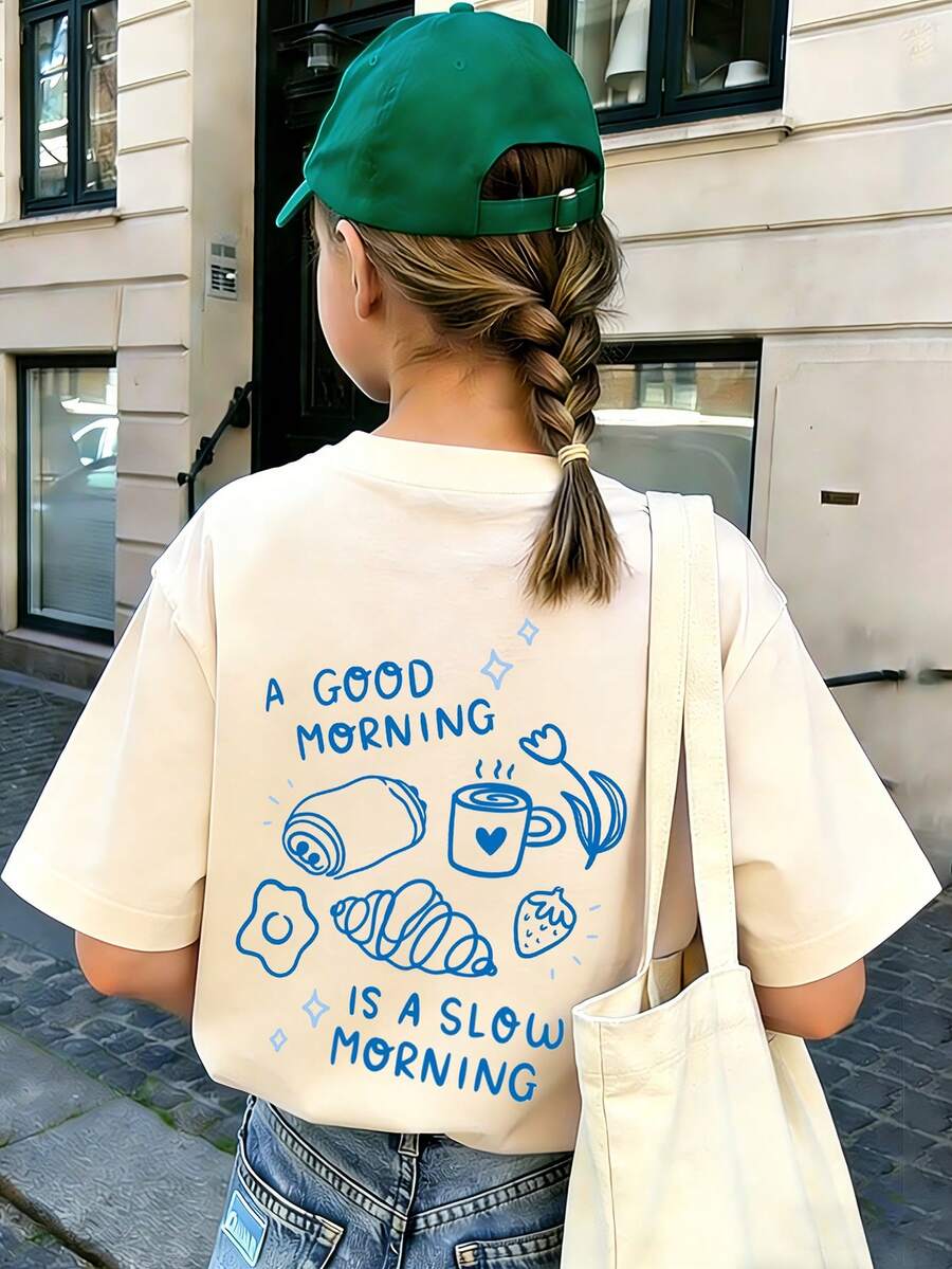 Tween Girl Printed T-Shirt, Soft And Comfortable Fabric, Suitable For Outdoor Sports, Casual Wear, Street Style, Campus Style, Fashionable Girl Spring/Summer Versatile Top - Apricot - View 1