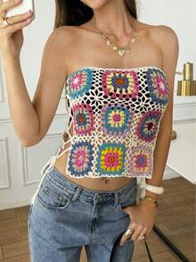 Handmade Crochet Random Color Grandma Plaid Bohemian Style Tube Top Summer - Multicolor - View 1