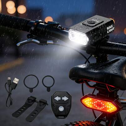 Kit de luces para bicicletas, faro frontal para bicicletas, faro nocturno exterior, faro trasero con señalizador de dirección, luz de bicicleta recargable por USB, incluye control remoto inalámbrico y función de alarma para bicicletas. Con 5 modos ajustables, luz de advertencia de alto brillo y diseño resistente al agua. Ideal para bicicletas de tres ruedas y faros frontales, utiliza LED recargable por USB, fabricado en aleación de aluminio con diseño impermeable. Faro de alta potencia T6X2 (1000 lúmenes), incluye soporte para manillar. El faro frontal es adecuado para bicicletas de carretera y montaña.