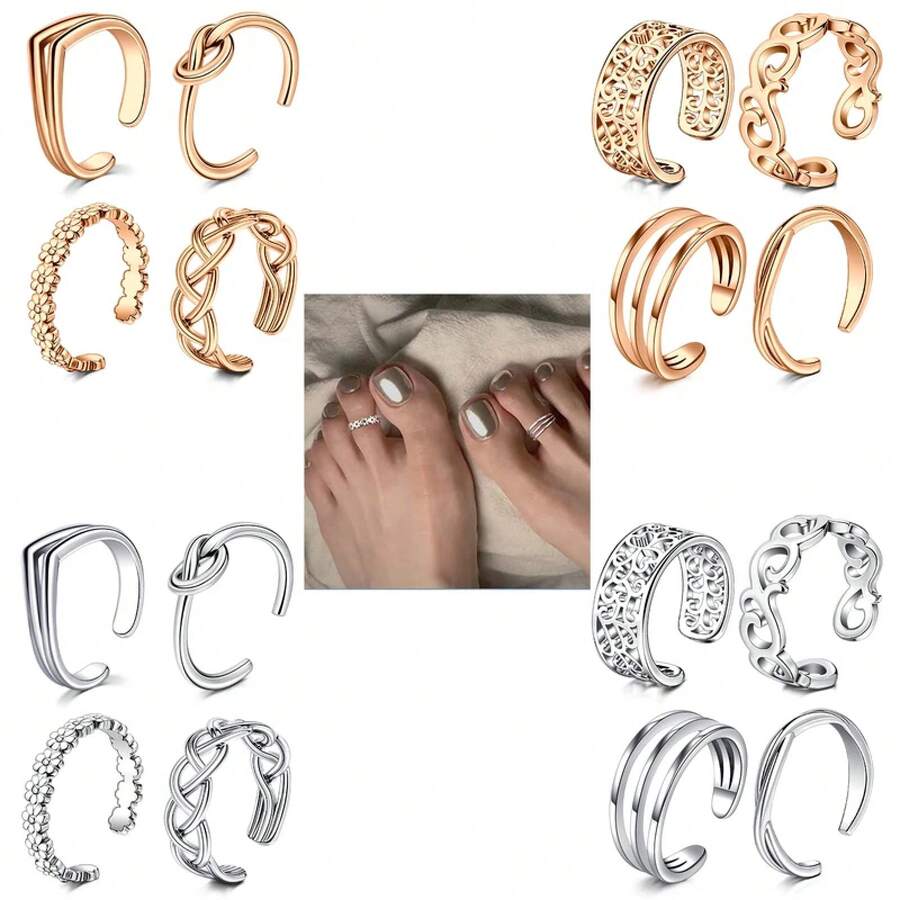 4pcs Adjustable Toe Rings For Women Open Stainless Steel Toe Ring Set With Cubic Zirconia, Ideal For Summer Beach - 套裝 4-玫瑰金 - 查看 1