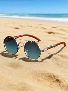 Gafas de moda de mujer con montura redonda de doble aro, con diseño de marco con relieve creativo y estampado de textura de madera, ideales para el uso diario y salidas casuales - Multicolor - Ver 3