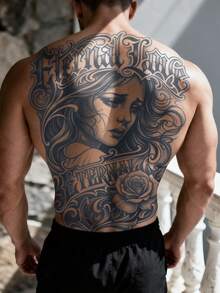 1 pieza Tatuaje temporal falso para la espalda de hombres, retrato femenino , gótico, semi-permanente, resistente al agua y al sudor, que dura de 1 a 2 semanas, realista, con jugo de hierbas, antifricción, sin reflejo, negro, para mujer y hombre, pegatinas de tatuaje para brazo, pecho, pierna - HM063 - Ver 3