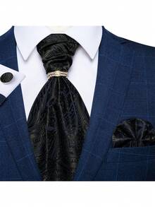 Bộ 4 món sang trọng dành cho nam giới: cà vạt Ascot họa tiết cây nhiệt đới màu xanh hoàng gia, khăn cài túi áo, khuy măng sét và nhẫn vàng, thích hợp cho tiệc cưới. - Xanh đậm - Xem 1
