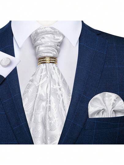 Bộ 4 cà vạt jacquard màu trắng cổ điển tinh tế, họa tiết nhiệt đới, thích hợp cho các sự kiện kinh doanh và trang trọng.