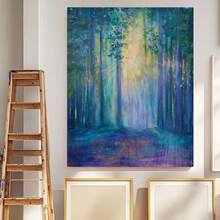 1 pieza de arte de pared en lienzo abstracto de bosque pastel - Pintura moderna minimalista verde púrpura rosa, marco de madera envuelto a prueba de agua, paisaje de naturaleza sereno listo para colgar para sala de estar, dormitorio, baño, regalo de inauguración de la casa, decoración del hogar con tonos suaves y apagados - Enmarcado - Ver 5