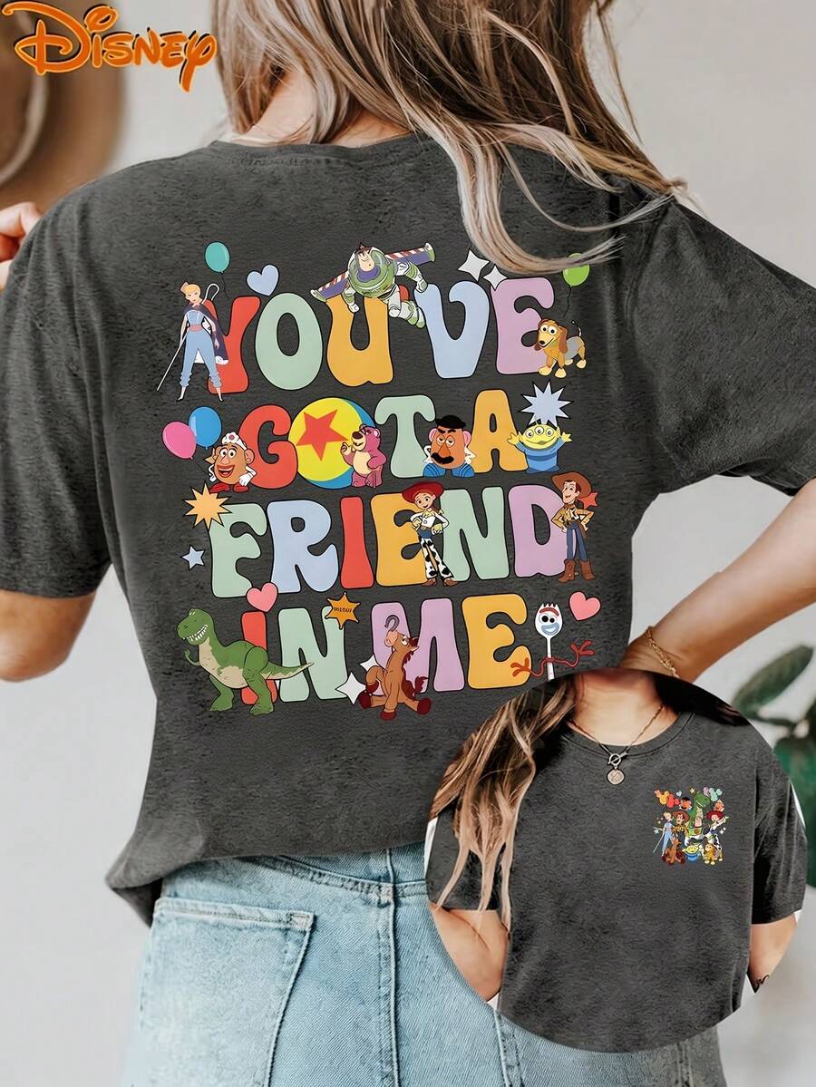 Disney License T Shirts,Disney Toy Story Graphic T-Shirt For Women, Casual Loose Fit You've Got A Friend In Me Quote Print Short Sleeve Tee, Cute PIXAR1 Animation Movie Character Top, Family Matching Mommy & Me Outfit, Retro Vacation Daily Summer Fashion Top ,Camiseta, Summer Outfits For Women, Summer Clothes, Summer Tops, Tops For Women, Festival Outfits, Summer Tops For Women, Mother's Day, Mother's Day Clothing, Gifts For Family And Friends, Spring Outfits For Women, Officially Licensed Disney T-Shirts, Disney Men's And Women's Spring/Summer Fashion Casual Short-Sleeve T-Shirts - 灰色 - 查看 1