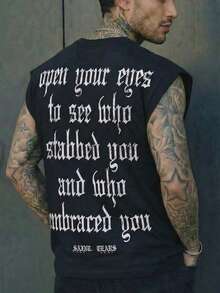 Men's Double-Sided Printed Sleeveless T-Shirt, Front & Back Spider Eye And Gothic Letter Print, Y2K Workwear Style, Soft Breathable Fabric, Summer Muscle Tank Top - Black - View 3