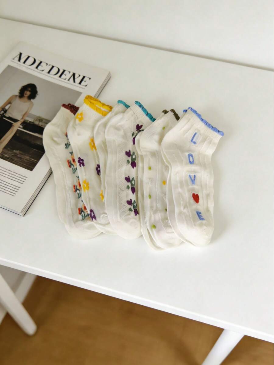 5 Pairs Floral Pattern Ruffle Trim Women's Ankle Socks - Breathable Ruffle Trim Women's Ankle Socks, Cute Countryside Style Invisible Socks - Multicolor - View 1