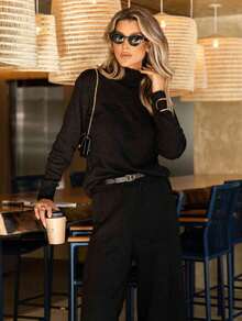 Premium Soft Knit Set, Sophisticated High Neck, Straight Cut, Warm Knit For Winter, Comfy Chic Look - 黑色 - 查看 1