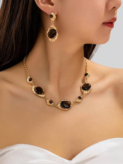 3pcs Vintage Tiger Eye Luxurious Necklace & Earrings Jewelry Set, Suitable For Women's Daily Wear And Parties, Gift