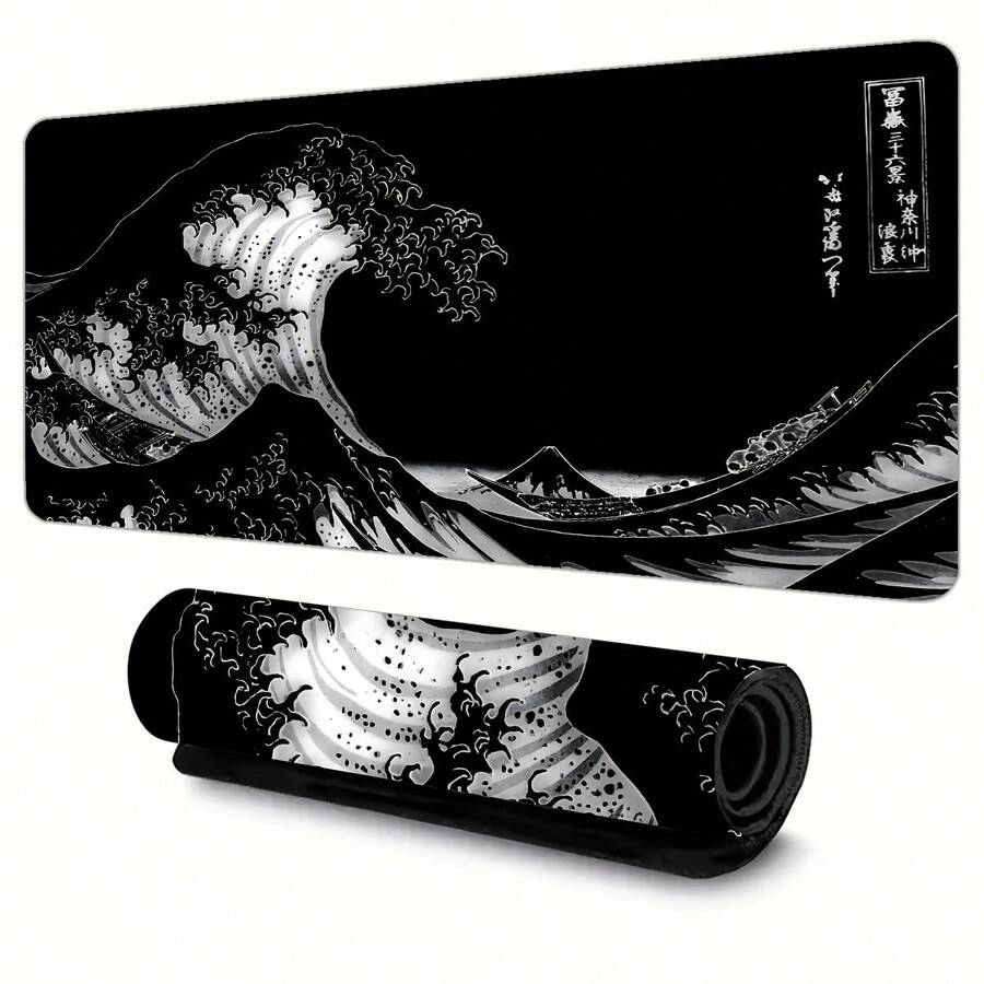 1x 日式「大浪」設計特大號電競桌墊 橡膠底盤 超滑表面 精準追蹤 適用於 PC、筆記型電腦與滑鼠墊