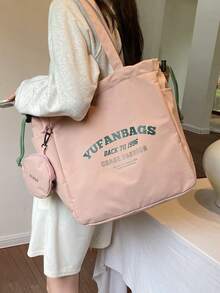 Korean & Japanese Style Drawstring Canvas Tote Bag With Coin Purse, 2pcs Set, Fashion Minimalist Large Capacity Shoulder Bag, Casual Versatile Letter Print Handbag, Suitable For Daily Use, School, College, Short Trip - Pink - View 7