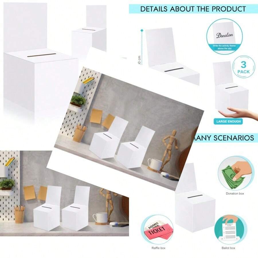 3 Pcs Raffle Boxes Ballot Box For Fundraising 6 X 6 X 6 Inch Cardboard Box With Slot For Ticket And Removable Header Donation Boxes For Collecting Busin Card Voting Contest White - White 3 PCS - View 1