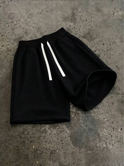 1pc Men's Black Solid Color Contrast Drawstring Casual Shorts, Made Of Polyester Fabric That Is Wrinkle-Resistant And Can Be Worn Without Ironing After Machine Washing, Suitable For Commuting And Light Outings; The Contrast Drawstring Waistband Is Both Practical (Adjustable Tightness) And Stylish, With Hidden Side Pockets To Securely Hold Your Phone, Keys, And Other Daily Essentials. Summer