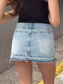 浅色水洗牛仔迷你裙，低腰直筒性感款式 - 淺色水洗藍 - 查看 4
