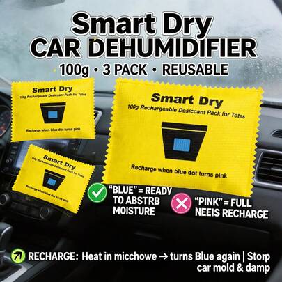 100g/Pack Reusable Car Dehumidifier Bags, With Color Change Indicator, Highly Effective Moisture Absorber To Prevent Mold, Mildew And Dampness, Maintain Dry And Fresh Air Inside The Car. Blue Indicator Window = In Use; Pink Indicator Window = Needs Replacement
