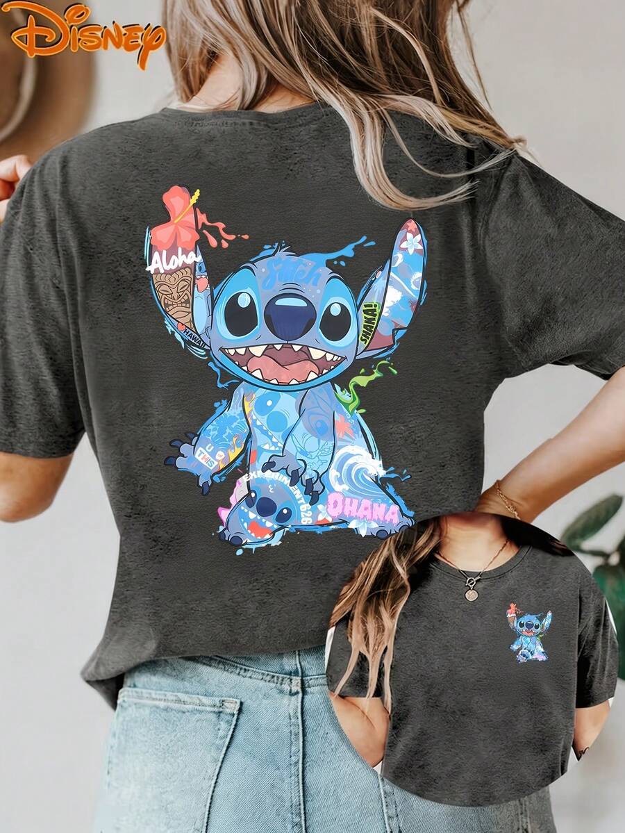 Disney License T Shirts,Disney Stitch Lilo & Stitch Hawaiian Collage Graphic T-Shirt, Women's Oversized Aloha Ohana Print Short Sleeve Tee, Casual Loose Fit Top For Lilo & Stitch Fans, Disney Trips, Theme Park Outings, Daily Wear & Hawaiian Themed Outfits ,Camiseta, Summer Outfits For Women, Summer Clothes, Summer Tops, Tops For Women, Festival Outfits, Summer Tops For Women, Mother's Day, Mother's Day Clothing, Gifts For Family And Friends, Spring Outfits For Women, Officially Licensed Disney T-Shirts, Disney Men's And Women's Spring/Summer Fashion Casual Short-Sleeve T-Shirts - Xám - Xem 1