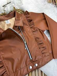 Girls' Faux Leather Jacket With Front Ruffle, Double-Sided Zipper, And Modern Collar – Black And Brown, Sizes 2 To 10 Years - 鏽棕色 - 查看 8