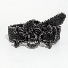 1pc Men's Black Punk Rock Y2K Style Jeans Belt, Skull Metal Buckle With Laser Rhinestone Decor, Versatile Accessory For Daily Wear - Black - Skull - View 8