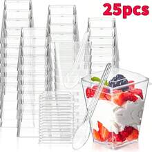 Bộ 25 chiếc/gói, cốc nhựa đựng tráng miệng 150ml/5oz kèm thìa và nắp, bát vuông tái sử dụng dùng cho bánh pudding, mousse, kem, dã ngoại, tiệc tùng. - Xem 1