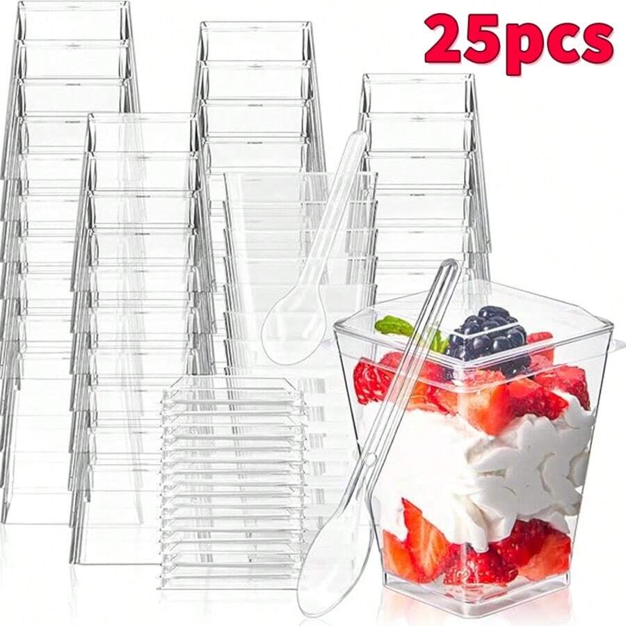 Bộ 25 chiếc/gói, cốc nhựa đựng tráng miệng 150ml/5oz kèm thìa và nắp, bát vuông tái sử dụng dùng cho bánh pudding, mousse, kem, dã ngoại, tiệc tùng. - Xem 1