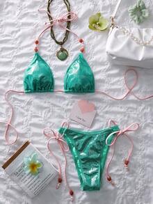 女士夏季比基尼套装，闪亮条纹珠光面料，手工串珠装饰，时尚性感三角比基尼上衣和侧系带比基尼泳裤，适合海滩、假日派对、度假比基尼、女士泳装、沙滩装 - 藍粉紅色 - 查看 2