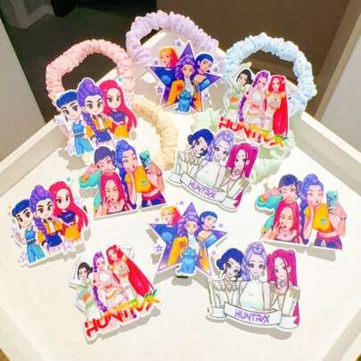 韩流人物印花发圈，彩色弹力发绳配亚克力吊坠，韩流粉丝收藏发饰