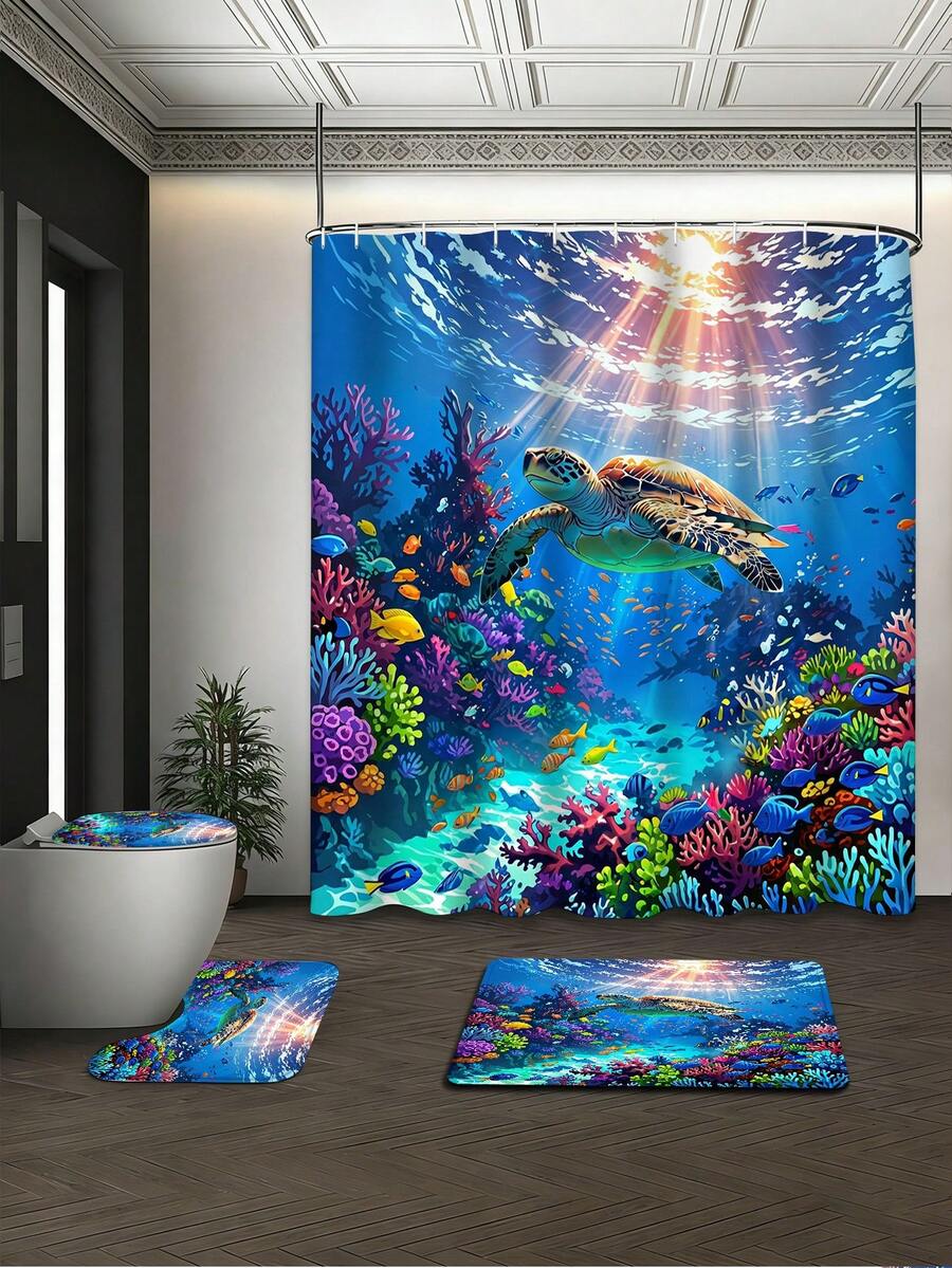 1/3/4 Pcs Colorful Ocean Turtle Bathroom Set, Waterproof Mildew-Proof Shower Curtain With Tropical Fish & Coral Reef Print, Soft Anti-Slip Bathroom Rug Set With 12 Hooks, Suitable For Daily Home, Rental Renovation, Holiday Bathroom Refresh, Shower Room Separation, Housewarming/Birthday/Children's Day/Mother's Day/Father's Day Gift