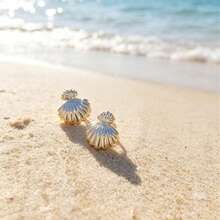 1/6 Pares de pendientes de verano con forma de estrella de mar, concha y caracol, set de joyas de moda para mujeres - Dorado - Ver 4