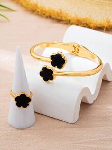 2pcs/1pc New Black Clover Flower Bracelet, Elegant & Luxurious, Minimalist & Fashionable Design, Suitable For Women, Ideal For Mother's Day/Valentine's Day/Date Night, Graduation Gift Or Daily Wear, Also Great For Wedding Season - Yellow Gold - View 2