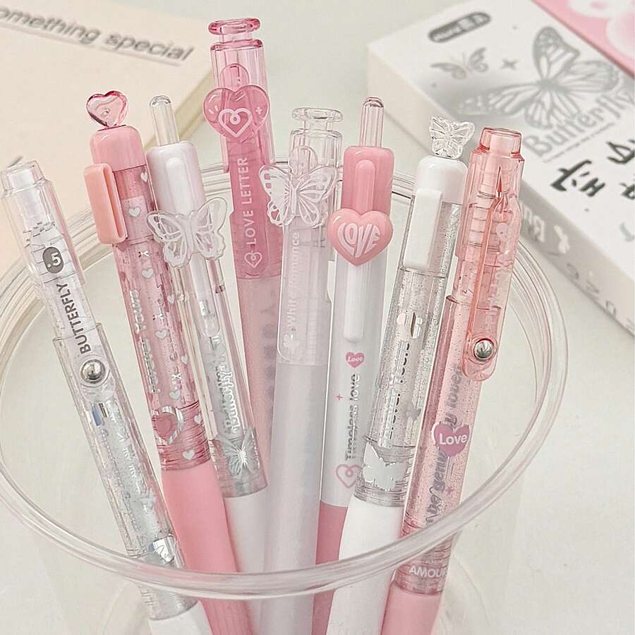 4支/套 [Mura Muraku] 蜜桃粉色心形中性笔，0.5mm黑色墨水，可爱甜美，情人节，学生及办公用品 - 慕樂-唯美蝴蝶 - 查看 1