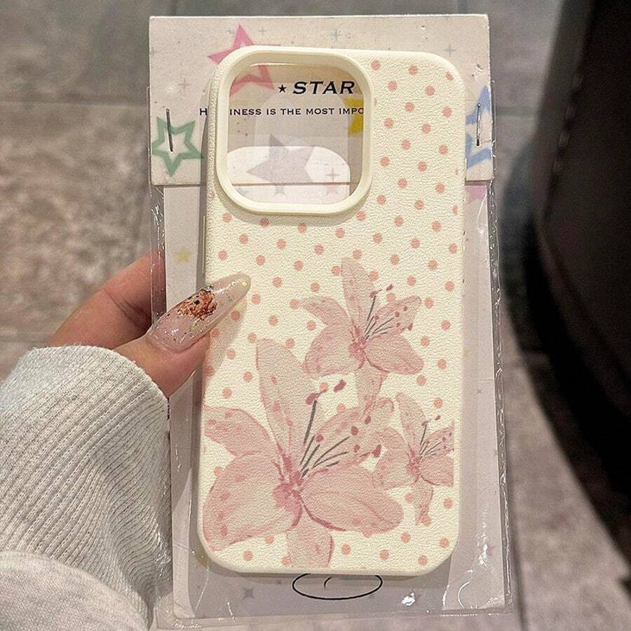 1pc TPU Material Elegant Polka Dot Pink Lily Pattern Phone Case Suitable For IPhone 17 Pro Max/17/16 Pro Max/15/13/12/11, S20 FE/A15/S24/A55, Note 11/Note 12/Note 13 Pro, Full Coverage Anti-Drop Soft Protective Phone Cover - White - View 1