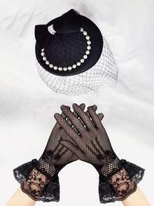 1 Set Elegant Children's Vintage Headpiece Hat And Mesh Gloves Set, Decorated With Satin Roses And Pearls, Suitable For Flower Girls And Stage Performances - Hat + Gloves - View 4