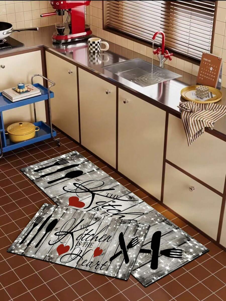 1pc Distressed Gray Wood Grain Silica Gel Kitchen Mat With Sparkling Star Effect, Decorated With Black Cutlery Pattern, Red Heart, And "The Kitchen Is The Heart" Artistic Text, Creating A Cozy Retro Kitchen Atmosphere. Luxury Fashion Kitchen Rug With Cushioning Anti-Fatigue Material - Multicolor - View 1