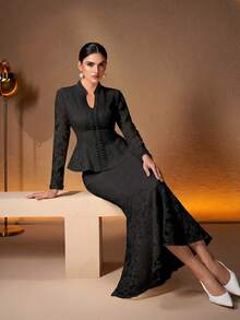 Gaun Set 2 Potong Elegan Baru, Leher V, Desain Lengan Berhiaskan Mutiara di Bagian Depan, Kain Kustom Hitam - Hitam - View 6