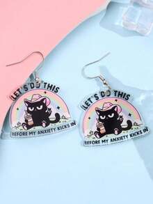 1 par de pendientes colgantes de acrílico con diseño único y elegante de luna orgullosa, lema divertido, arcoíris y gato negro genial, adecuados para uso diario, festivales y fiestas - Multicolor - Ver 3