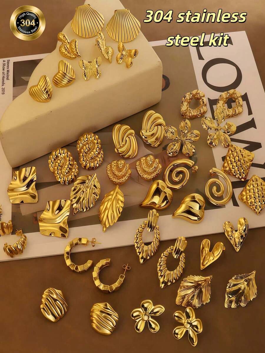 Bộ 24 đôi bông tai bằng thép không gỉ mạ vàng 18K thanh lịch - Đa dạng kiểu dáng bao gồm lá, hoa, vỏ sò và họa tiết hình học, phù hợp để đeo hàng ngày và làm quà tặng, cũng là phụ kiện lý tưởng cho ngày Valentine | Bông tai thanh lịch | Bông tai bền, nhiều kiểu dáng khác nhau. - Loại bướm - Xem 1