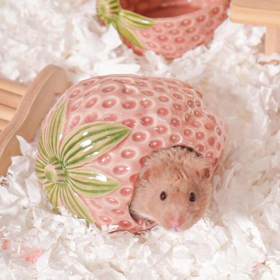 Cute Ceramic Hamster House, Small Animal Cooling Hideout For Hamster, Gerbil, Guinea Pig, Dwarf Hamster, Cute Fruit/Vegetable Design Pet Cage Accessory Hamster House Ceramic Hamster Hideout Small Animal Cooling House - quả dâu - Xem 1