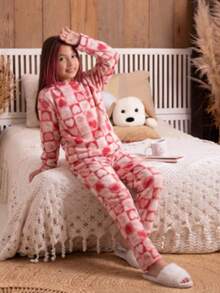 Children's Plush Teddy Pajamas For Winter, Cold Weather, Closed, S2 PINK - 中紫紅色 - 查看 3