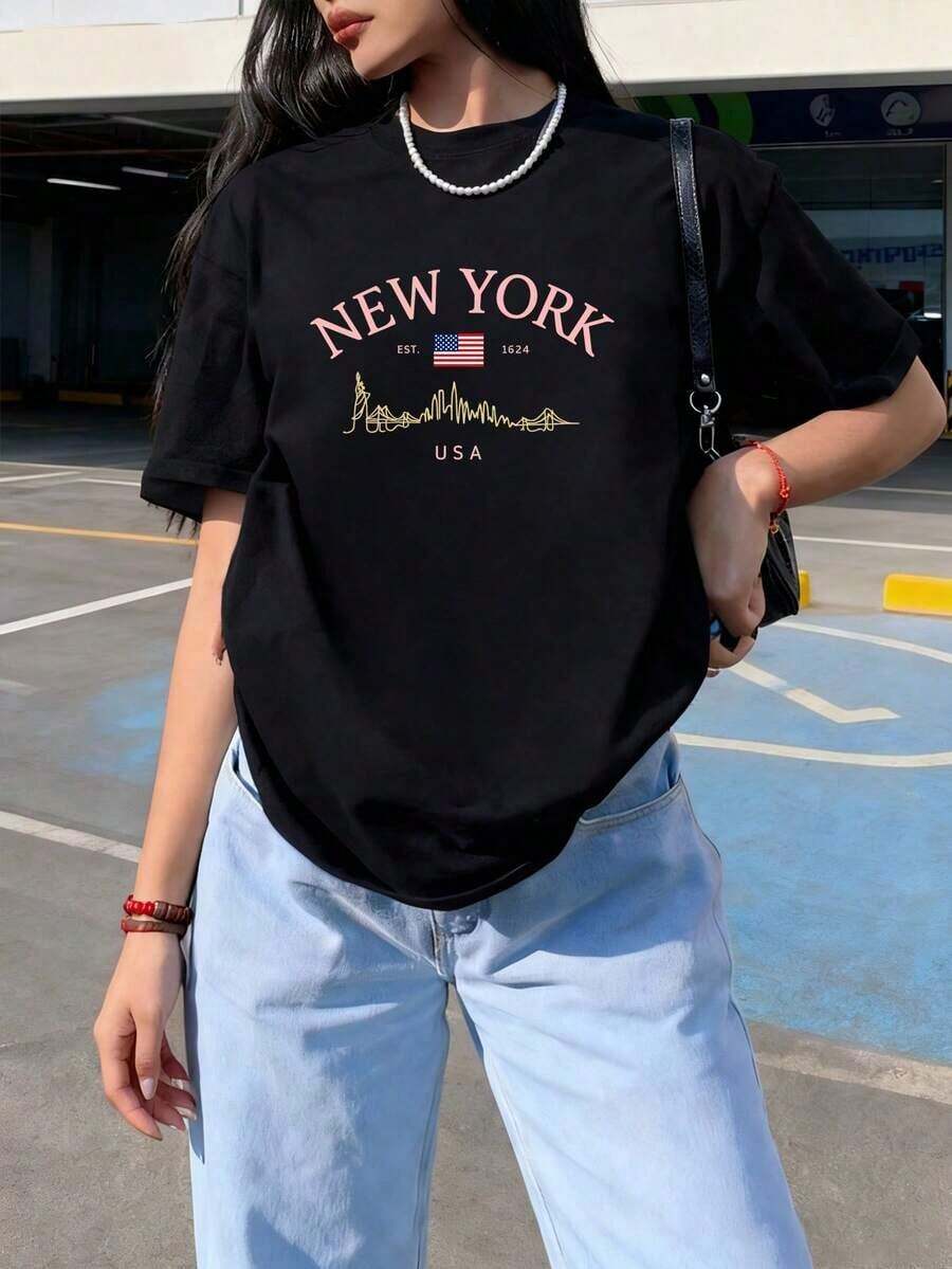 Camiseta de manga corta con cuello redondo, estilo casual, holgada, con estampado de eslogan, para mujer, nueva colección de verano, ideal para uso diario y vacaciones.Camiseta de mujer. - Negro - Ver 1