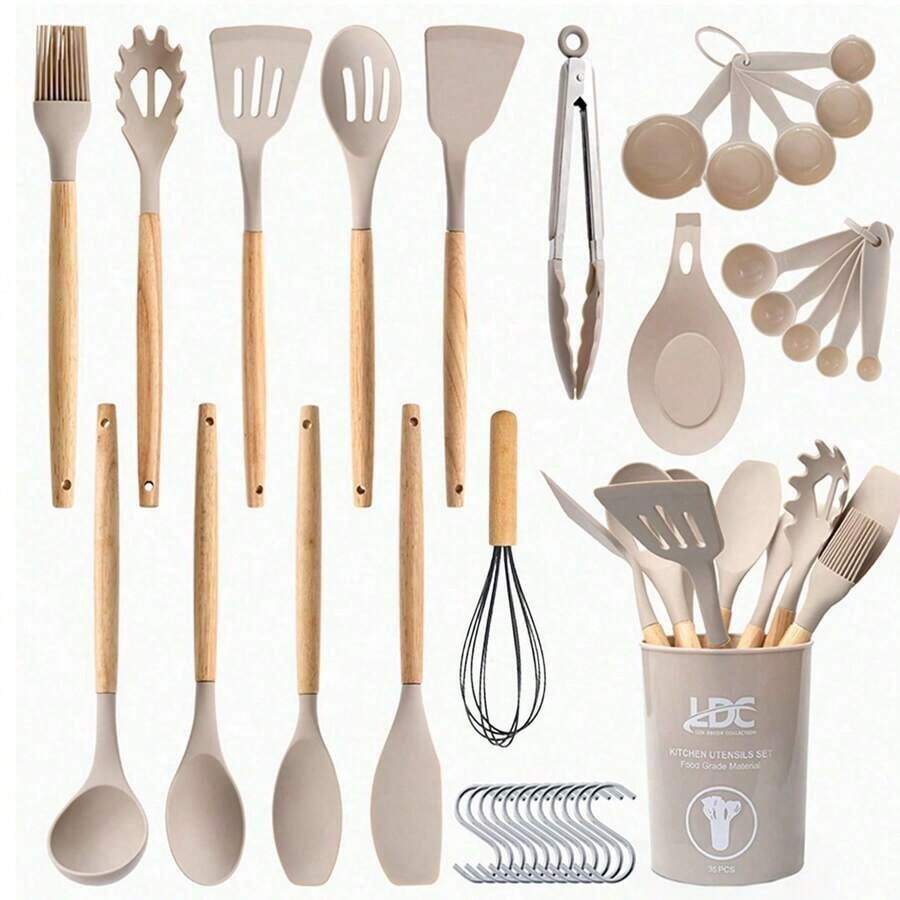 12 piezas de utensilios de cocina de silicona, batidora de pasteles, ayudantes de cocina de pasteles, herramientas de cocina, utensilios de cocina antiadherentes, menaje de cocina lavable y moderno, esencial para pastelerías, cafeterías, hogar, conveniente, rápido, fácil, eficiente, regalo del Día de San Valentín - Negro - Ver 1